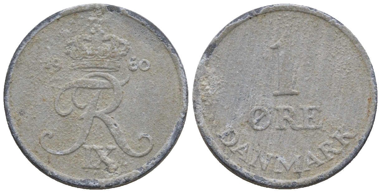 Дания 1 эре 1960 С; S, Фредерик IX (1947-1972) KM 839.2 цинк 4609-1113
