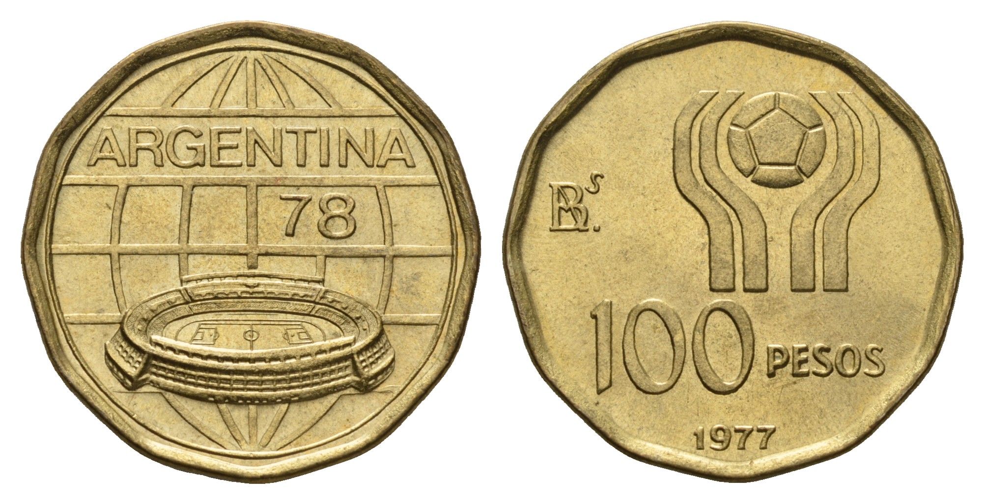Аргентина 100 песо 1977 Чемпионат мира по футболу, Аргентина 1978 KM 77 алюминиевая бронза UNC 4391-514