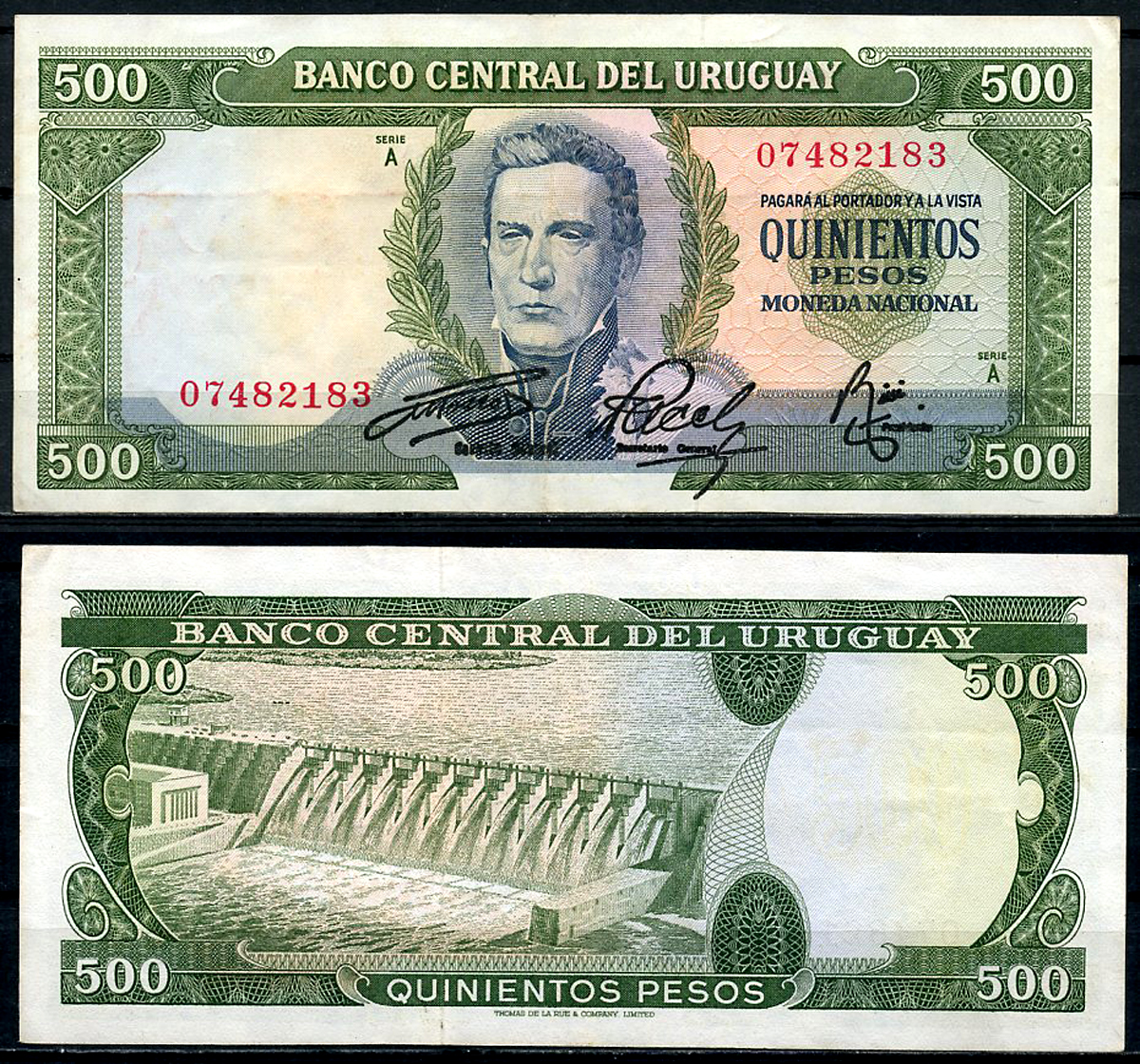Уругвай 500 песо ND (1967) Хосе Хервасио Артигас, плотина ГЭС с водохранилищем Ринкон-дель-Монте на Рио-Негро, номер 074 Pick 48 a (6)  бумага   444-122-1-2