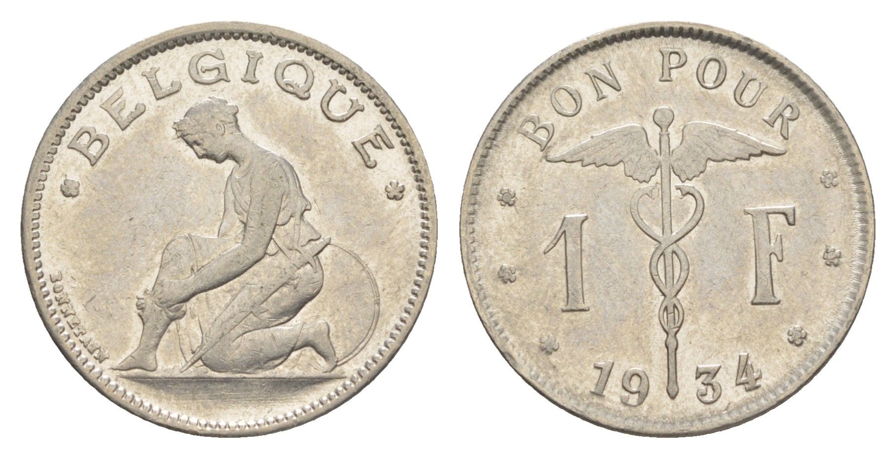 Бельгия 1 франк 1934 Belgique, Альберт I (1909-1934) KM 89 никель 4619-1042