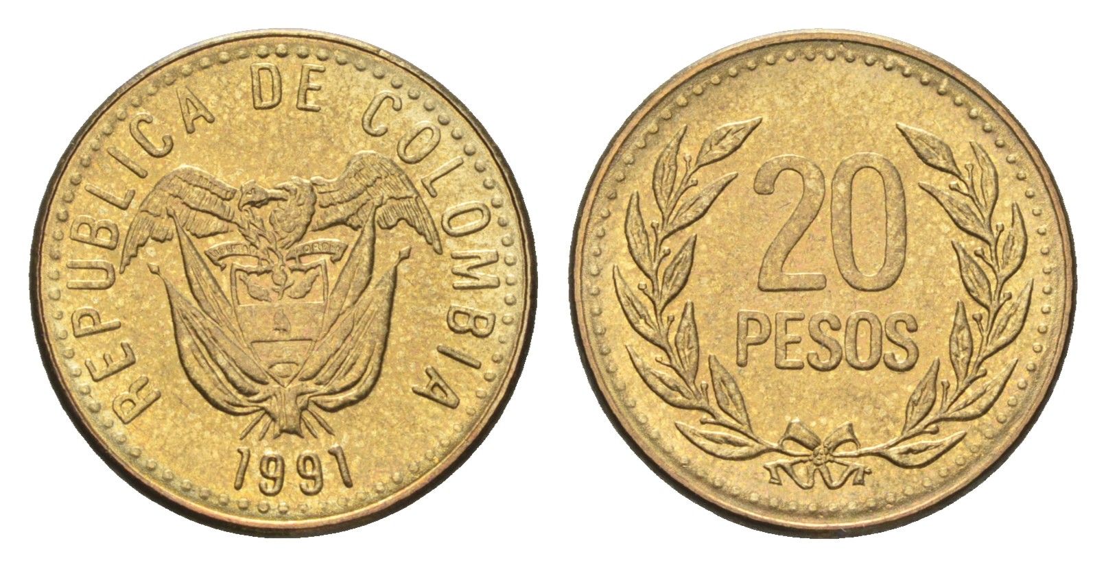 Колумбия 20 песо 1991 KM 282 алюминиевая бронза UNC 4664-139