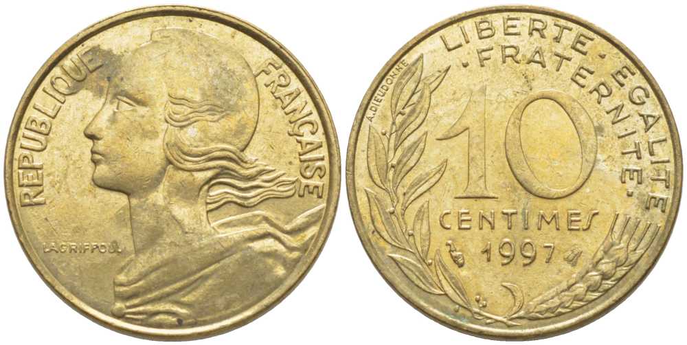 ФРАНЦИЯ 10 САНТИМОВ 1997 ТИП MARIANNE KM 929, LE FRANC 144.41 медь алюминий никель 116-435