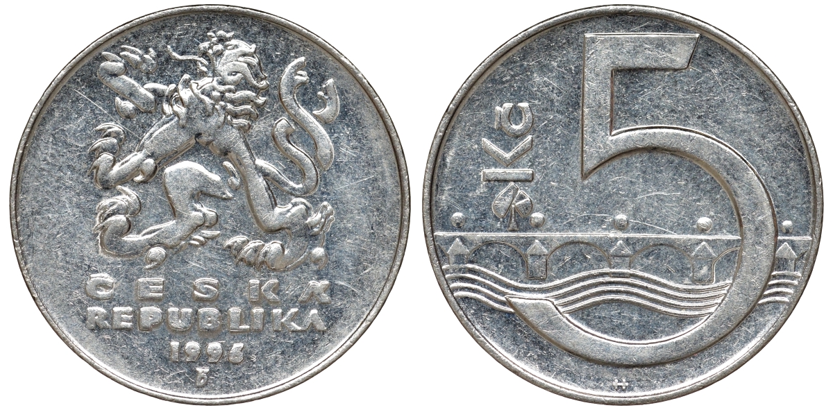 Чехия 5 крон 1995 чешский лев, Карлов мост KM 8 никелированная сталь 51-1315