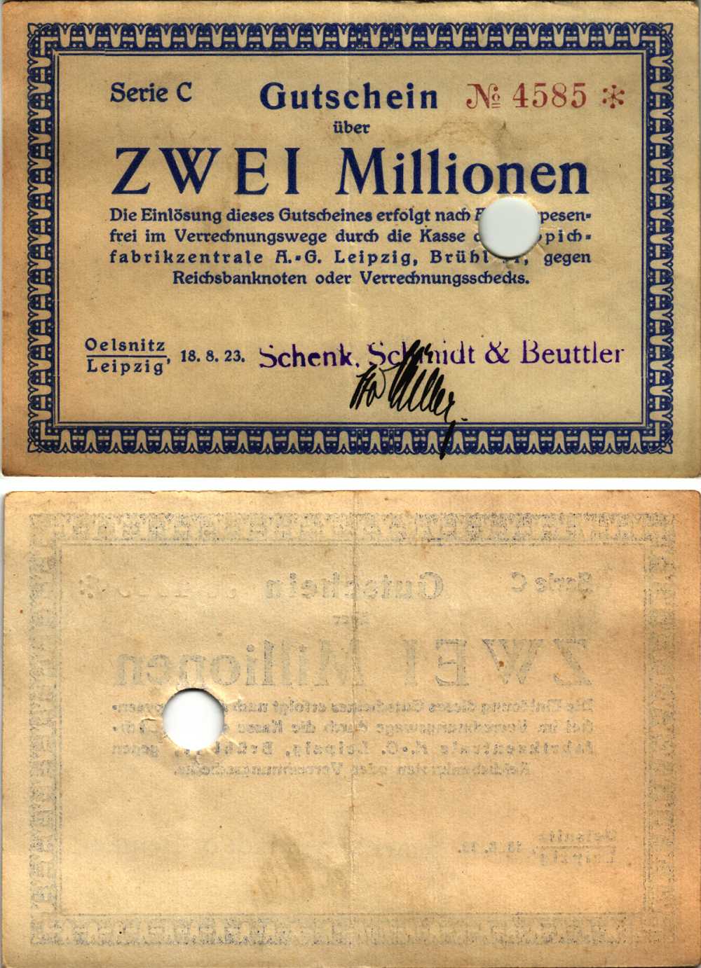 ЛЕЙПЦИГ 5000000 МАРОК 1923 НОТГЕЛЬД, 18 АВГУСТА 1923, СЕРИЯ С, НАДПЕЧАТКА SCHENK, SCHMIDT & BEUTTLER бумага 8608-15-2-1