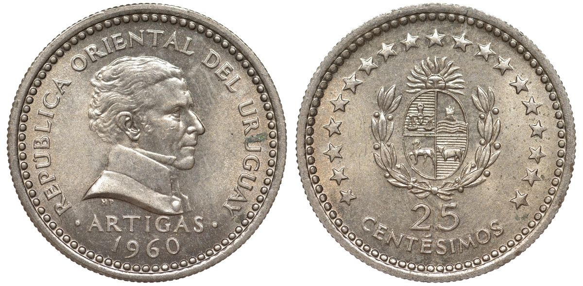Уругвай 25 сентесимо 1960 KM 40 медно-никель 4580-1222