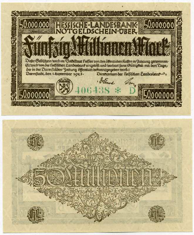 ДАРМШТАДТ, ГЕРМАНИЯ 50000000 МАРОК (50 МИЛЛИОНОВ) 1923 1 СЕНТЯБРЯ 1923, НОТГЕЛЬД, ЗЕМЛЯ ГЕССЕН, НОМЕР, СНЕЖИНКА, СЕРИЯ D, ЗЕЛЁНАЯ, HESSESCHE LANDESBANK Keller 956d бумага аUNC 8613-21-3-2