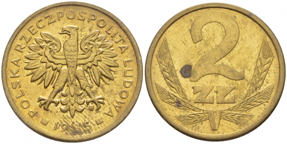 ПОЛЬША 2 ЗЛОТЫХ 1985 MW KM 80.1 латунь 112-1268