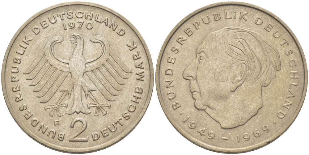 ФРГ 2 марки 1970 F, Теодор Хойс KM A127, J. 407 медно-никель плакированный никелем 3996-616