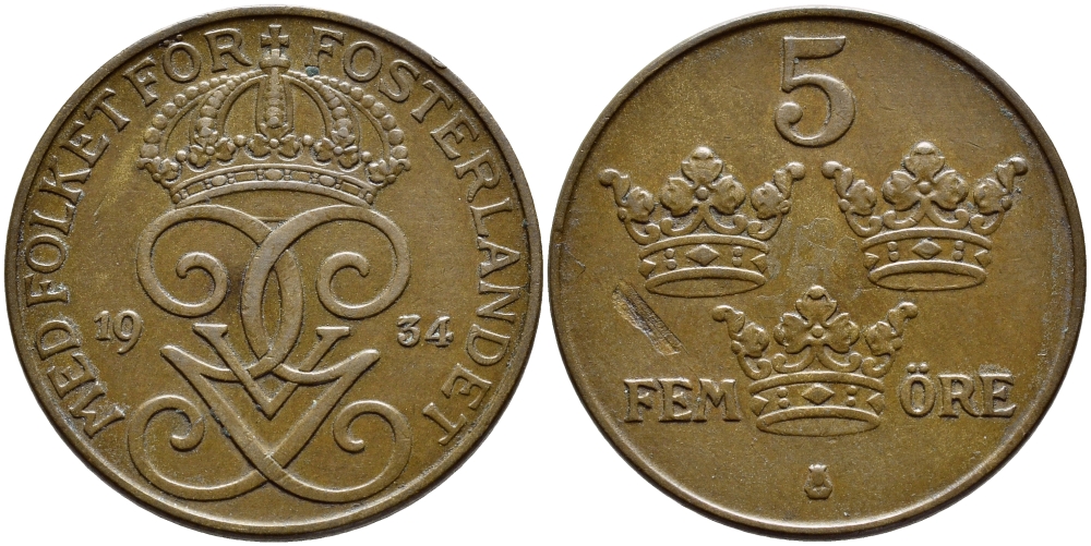 Швеция 5 эре 1934 Густав V (1907-1950) KM 779.2 бронза 4394-926