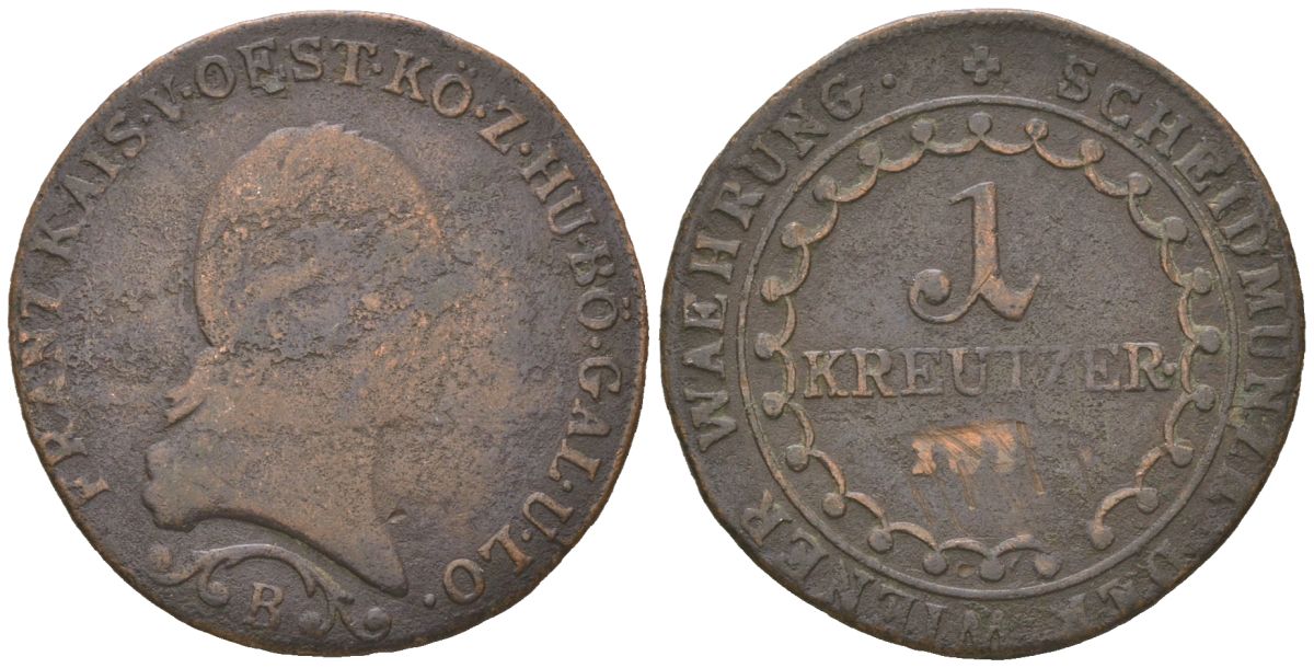 Австрия 1 крейцер 1812 B, Франц II (1792-1835) KM 2112 медь 110-914