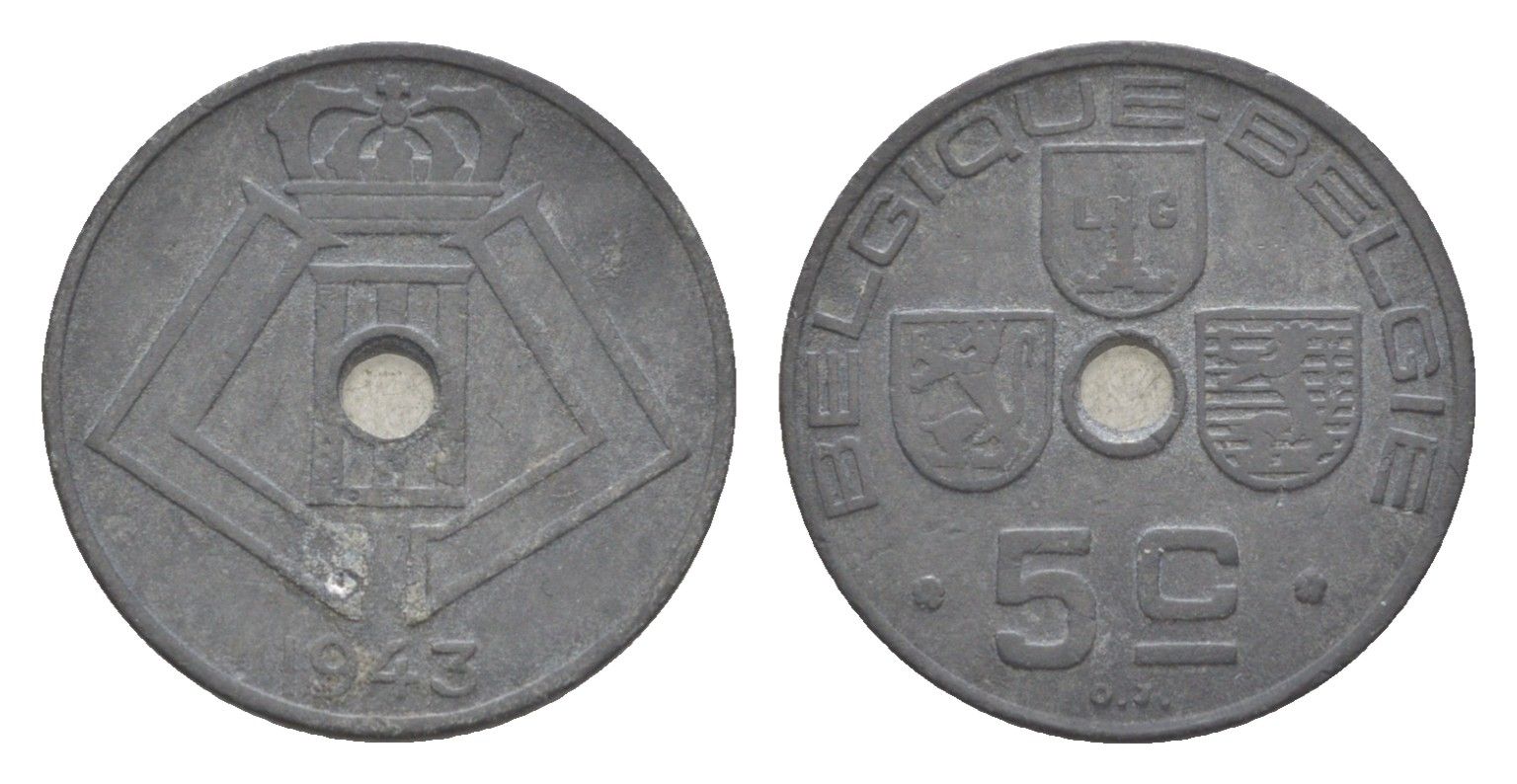 Бельгия 5 сантимов 1943 Belgique - Belgie, Леопольд III (1934-1947), германская оккупация, Вторая мировая война KM 123 цинк 4640-1141