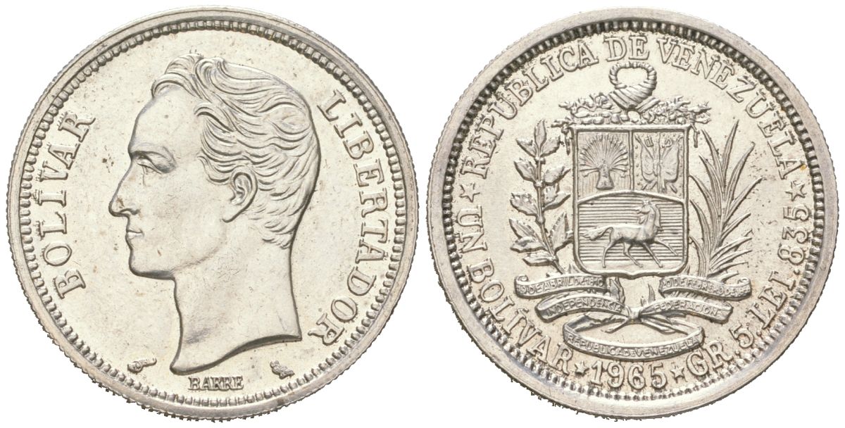 Венесуэла 1 боливар 1965 Симон Боливар KM 37a серебро UNC 34-953