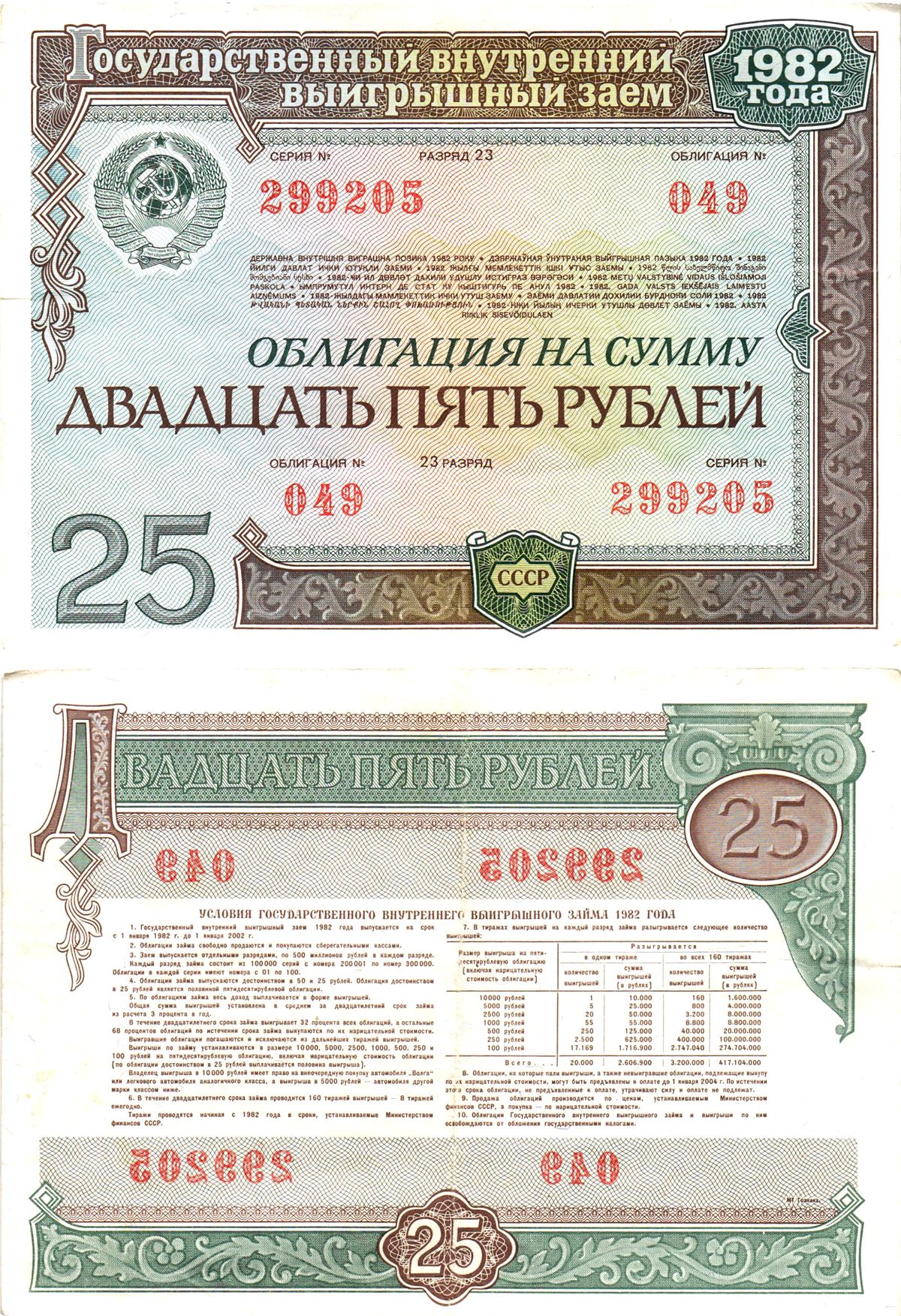 СССР облигация в 25 рублей 1982 государственный внутренний выигрышный заем, разряд 23   бумага   8609-57-1-2