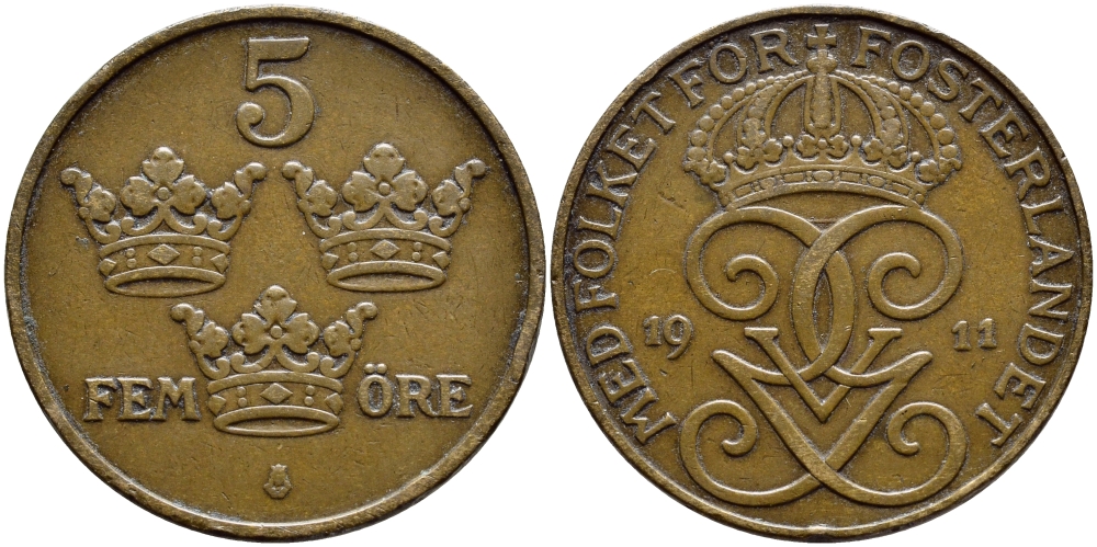 Швеция 5 эре 1911 Густав V (1907-1950), знак монетного двора узкий KM 779.2 бронза 4394-832