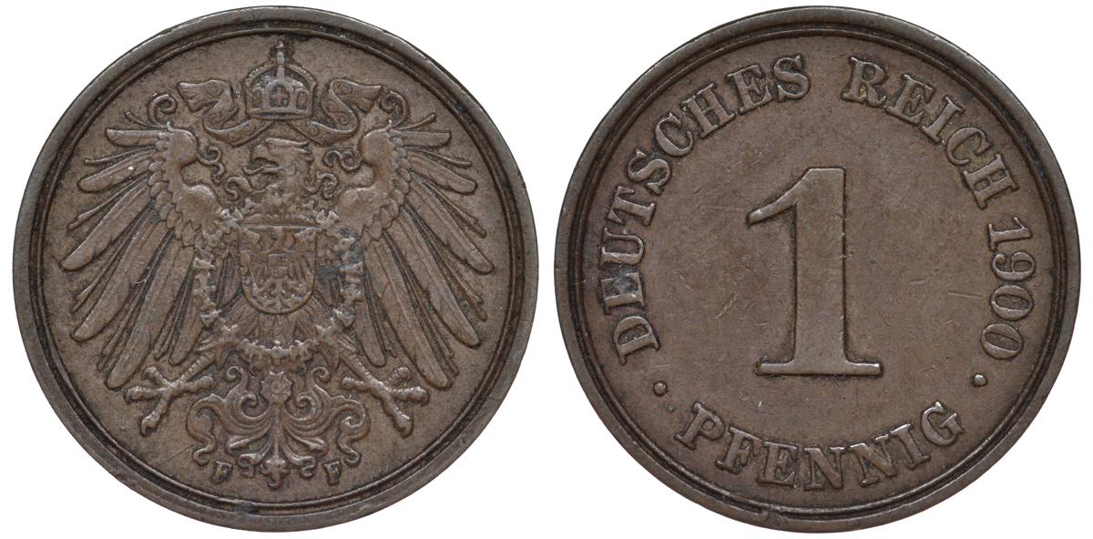 ГЕРМАНИЯ 1 ПФЕННИГ 1900 F KM 10, J. 10 медь 45-465