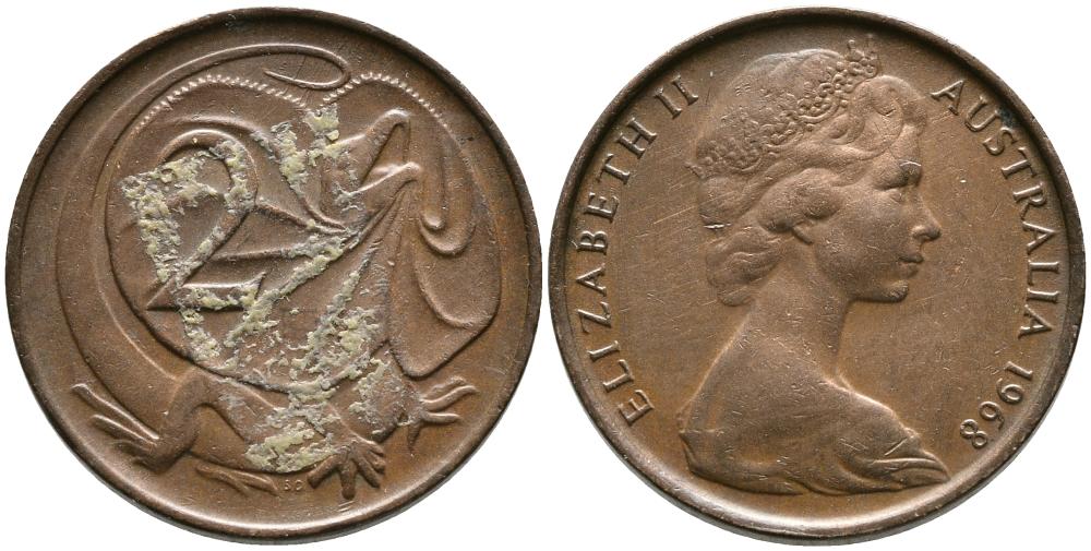 АВСТРАЛИЯ 2 ЦЕНТА 1968 ЕЛИЗАВЕТА II (1952-), ПЛАЩЕНОСНАЯ ЯЩЕРИЦА KM 63 бронза 3336-744
