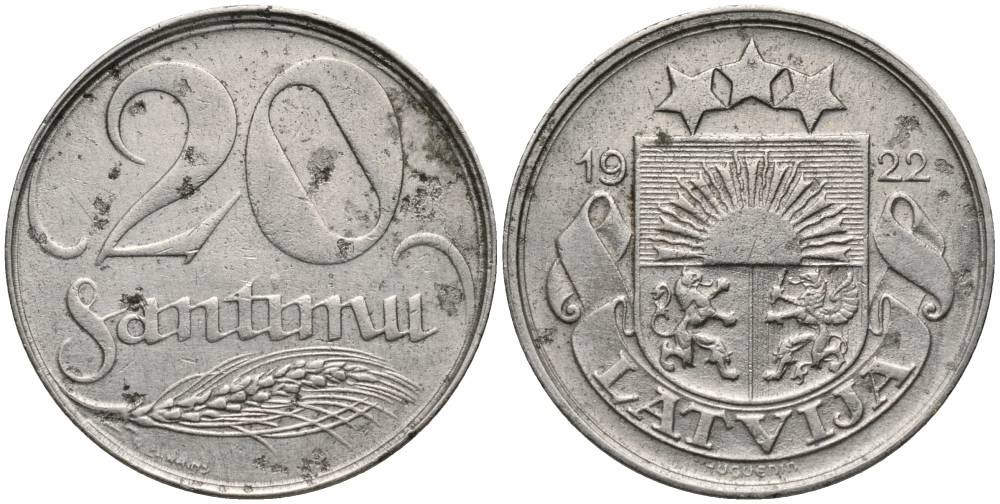 Латвия 20 сантимов 1922 первая Республика (1918-1939) KM 5 никель 27-1215