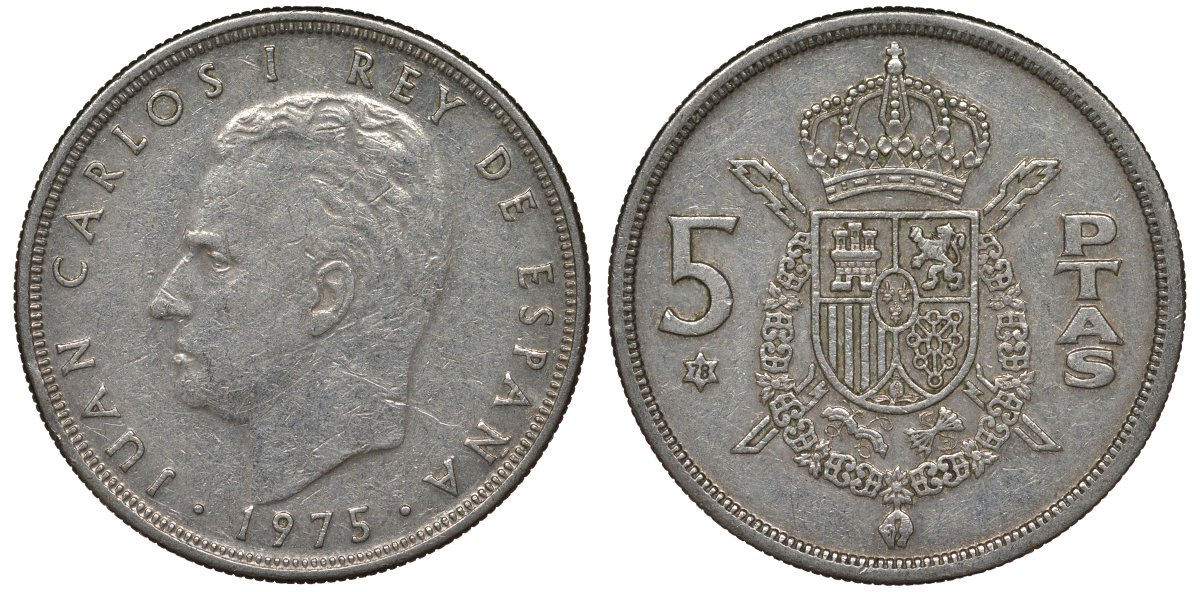 Испания 5 песет 1975 (78) Хуан Карлос I (1975-2014) KM 807 медно-никель 4128-1012