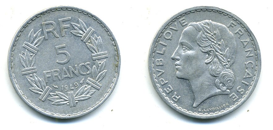 Франция 5 франков 1949 тип Лаврийе KM 888b.1, LE FRANC 339.17 алюминий 25-646
