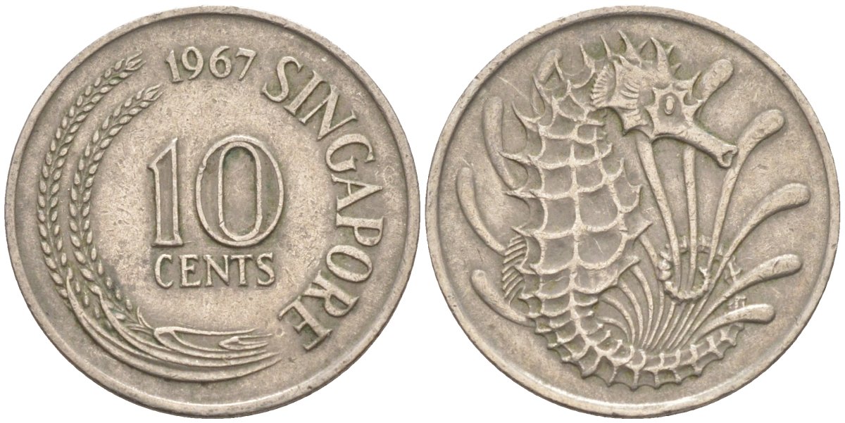 Сингапур 10 центов 1967 морской конек KM 3 медно-никель 187-455