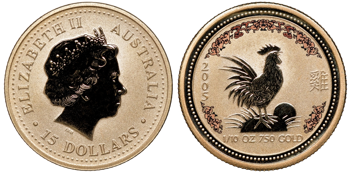 Австралия 15 долларов 2005 год петуха золото UNC 2-5-2-03