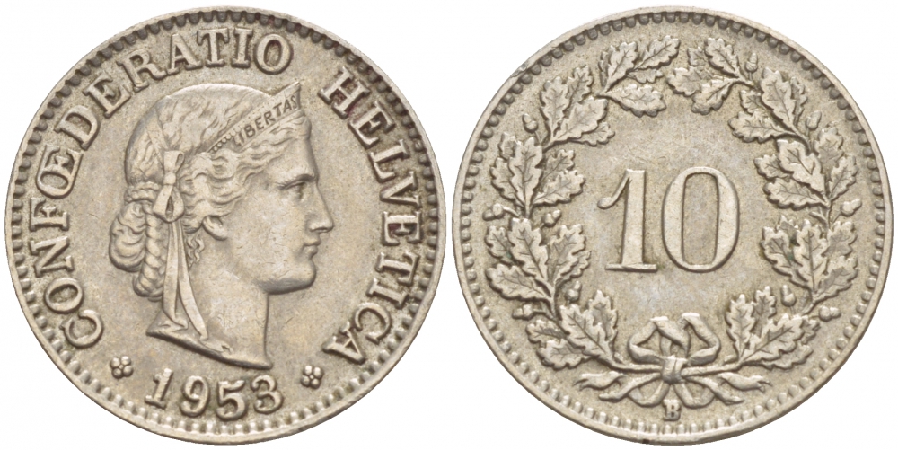 ШВЕЙЦАРИЯ 10 РАППЕНОВ 1953 KM 27 медно-никель 51-146