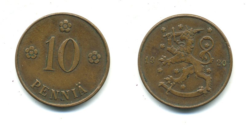 Финляндия 10 пенни 1920 республика (1918-1962) KM 24 медь 36-1243
