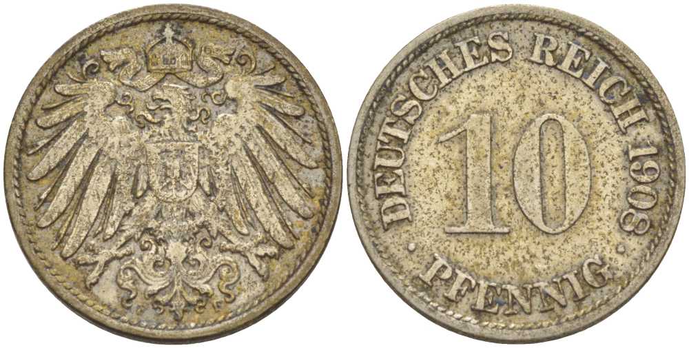 ГЕРМАНИЯ 10 ПФЕННИГОВ 1908 F KM 12, J. 13, Weege 8 медно-никель 212-116
