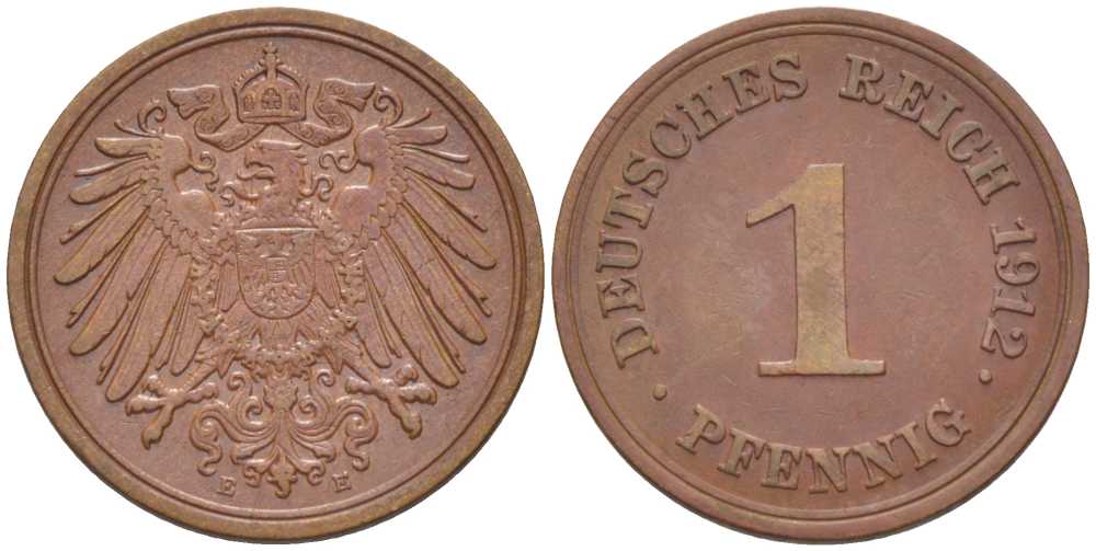ГЕРМАНИЯ 1 ПФЕННИГ 1912 E KM 10, J. 10, Weege 2 медь 211-459