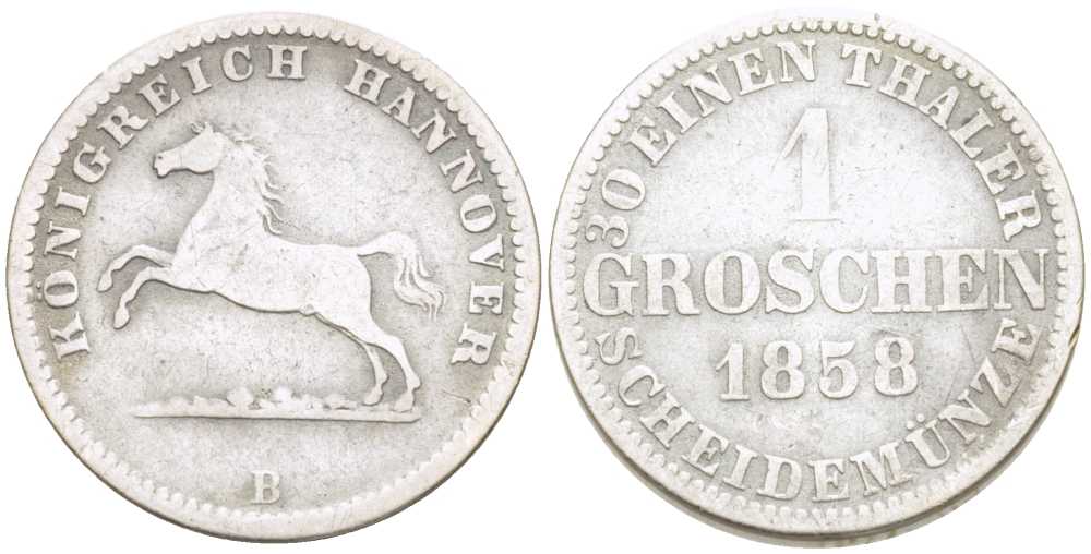 Брауншвейг-Каленберг-Ганновер 1 грош 1858 В, Георг V (1851-1866) KM 236, Jaeger 93, AKS 149 серебро 206-331