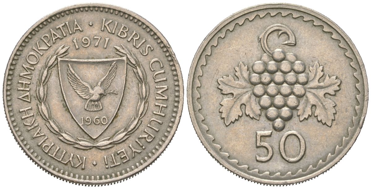 Кипр 50 милей 1971 один из самый редких годов выпуска - 500.000 KM 41 медно-никель 4579-1251