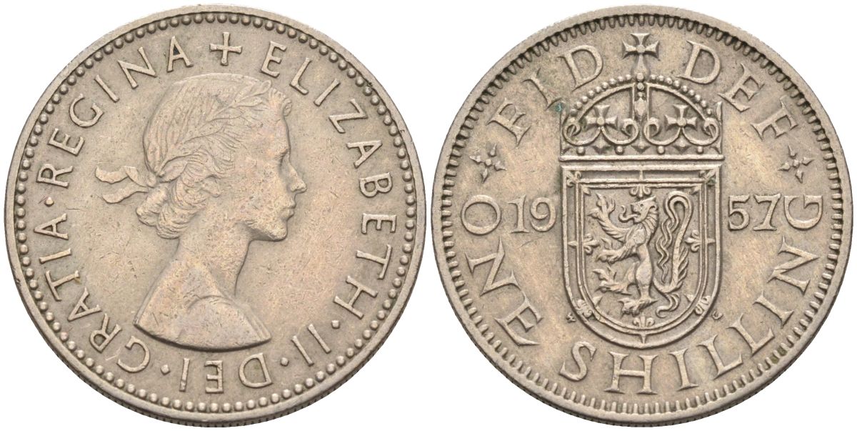 Великобритания 1 шиллинг 1957 Елизавета II (1952-2022), Шотландский герб KM 905, Spink 4148 медно-никель 4116-846