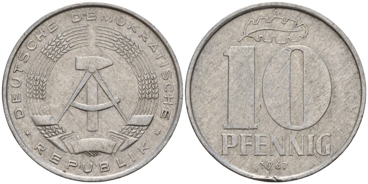 ГДР 10 пфеннигов 1967 A KM 10 алюминий 27-346