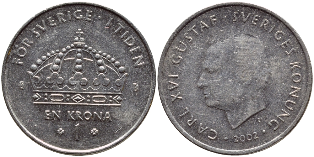 Швеция 1 крона 2002 Карл XVI Густав (1973- ) KM 894 медно-никель 4364-752