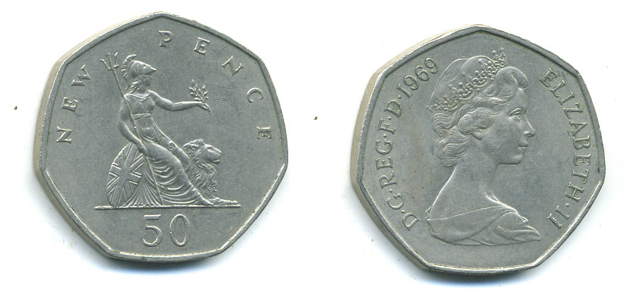Великобритания 50 пенсов 1969 Елизавета II (1952-2022) KM 913, Spink 4223 (H1) медно-никель UNC 4383-824