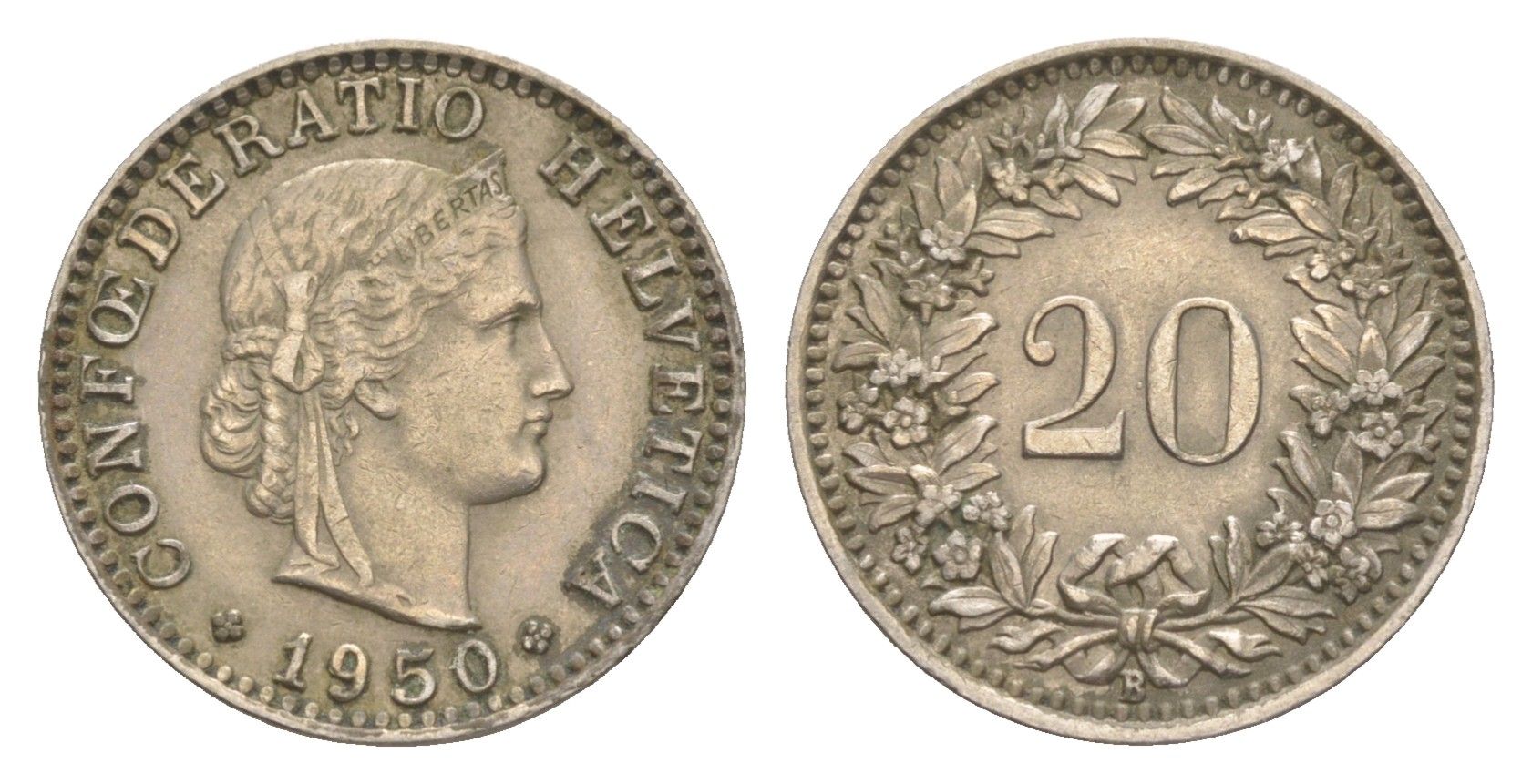 Швейцария 20 раппенов 1950 B KM 29a медно-никель 4547-246