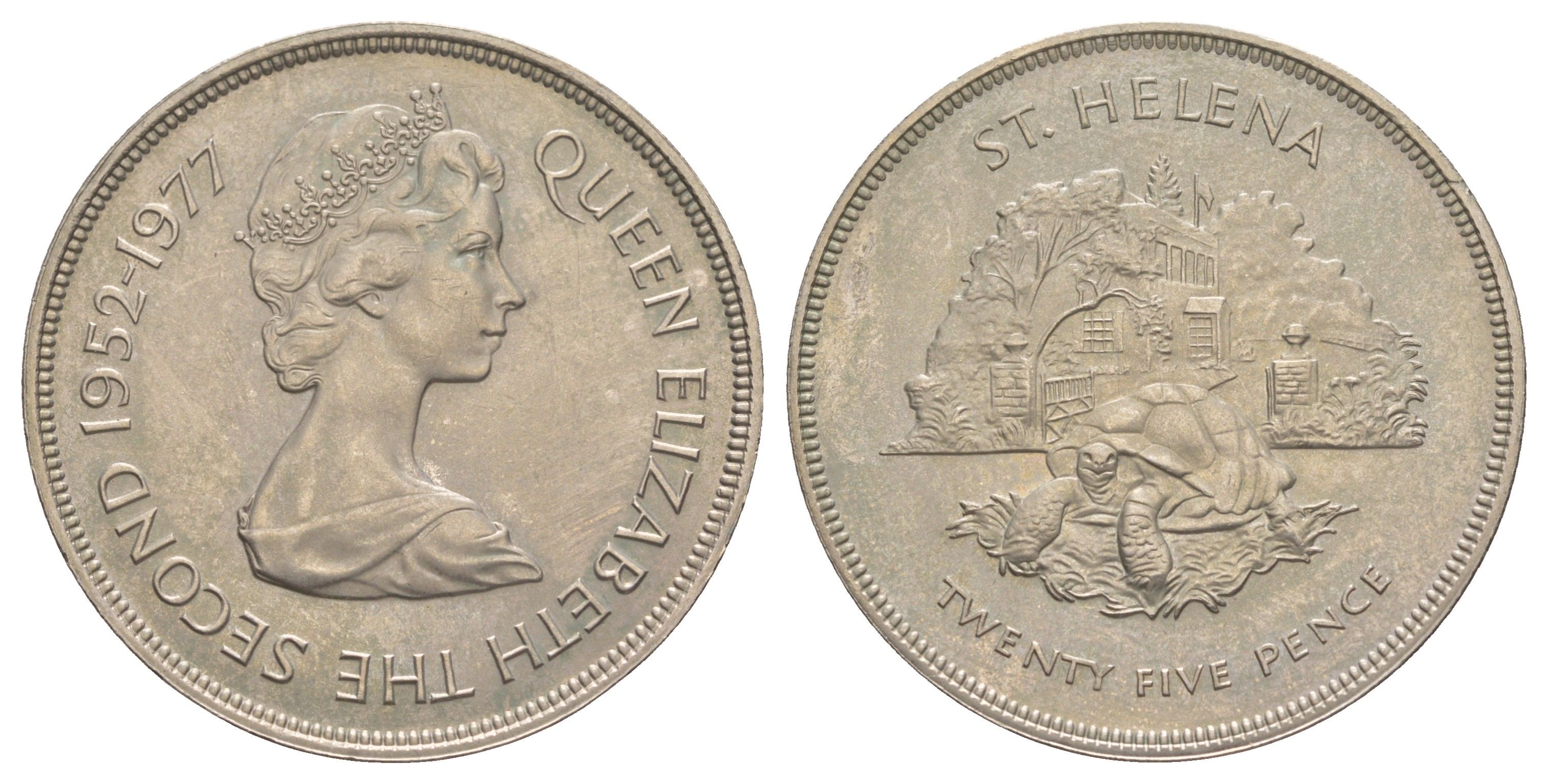 Остров Святой Елены 25 пенсов 1977 Гигантская черепаха, 25 лет правлению Королевы Елизаветы II KM 6 медно-никель BU 4537-915