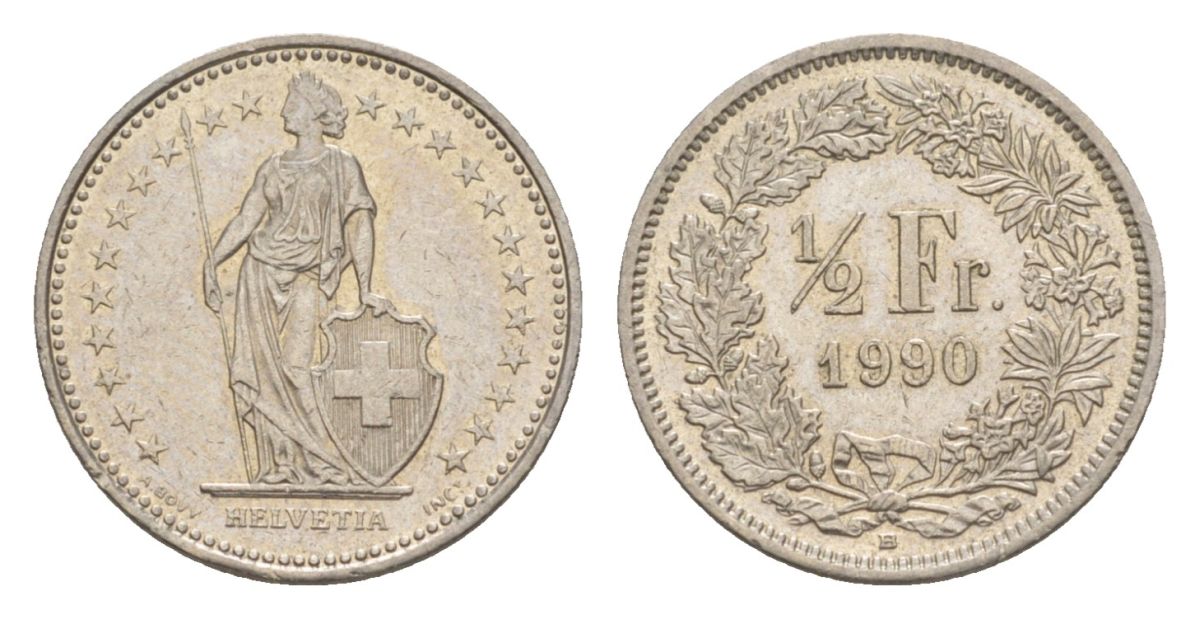 Швейцария 1/2 франка 1990 KM 23a медно-никель aUNC 4632-511