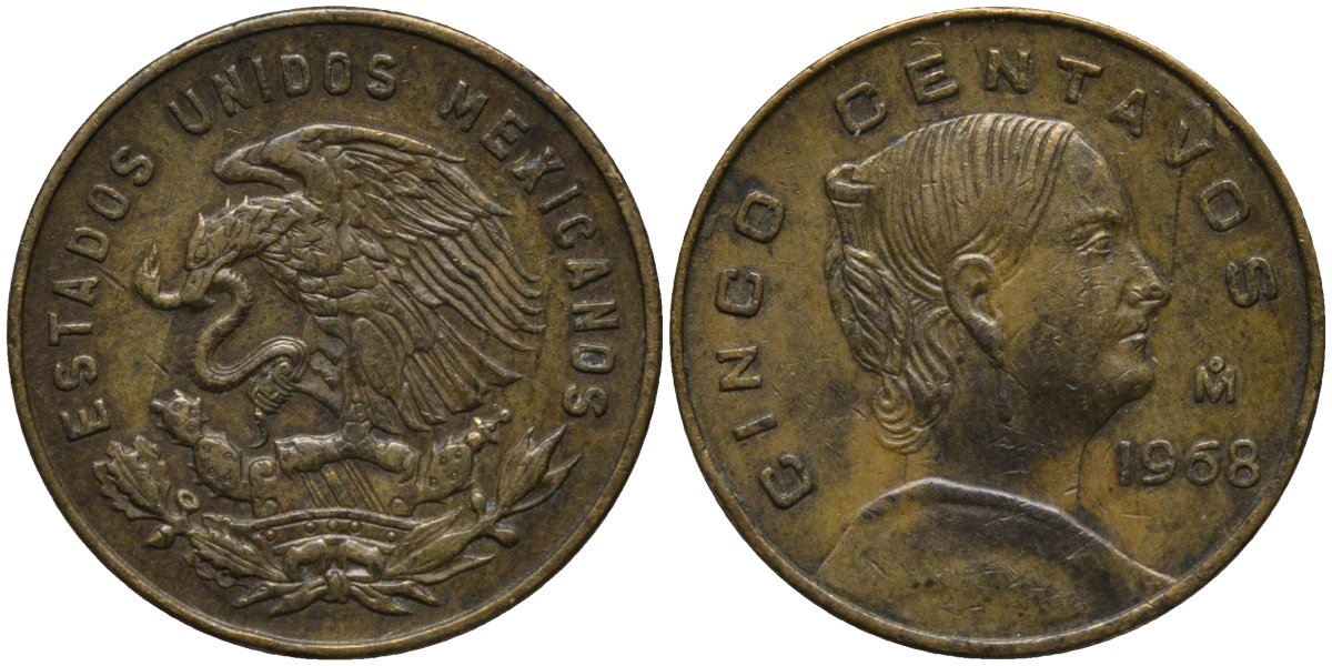 Мексика 5 сентаво 1968 Мо, Жозефа Ортис де Домингес KM 426 латунь 4576-1215