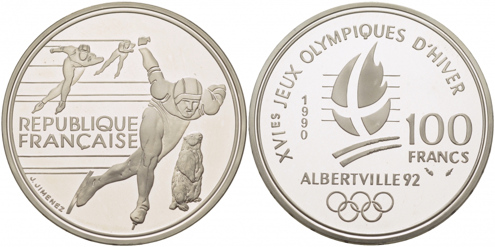 Франция 100 франков 1990 XVI Зимние Олимпийские игры 1992 в Альбервиле, конькобежный спорт KM 980 серебро PROOF 1077-8-41