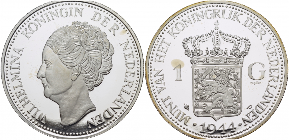 НИДЕРЛАНДЫ МЕДАЛЬ ND КЮРАСАО 1 ГУЛЬДЕН 1944, КОРОЛЕВА ВИЛЬГЕЛЬМИНА, РЕПЛИКА серебро PROOF 00-000-00