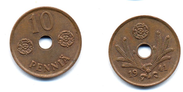 ФИНЛЯНДИЯ 10 ПЕННИ 1941 KM 33.1 медь 51-4917