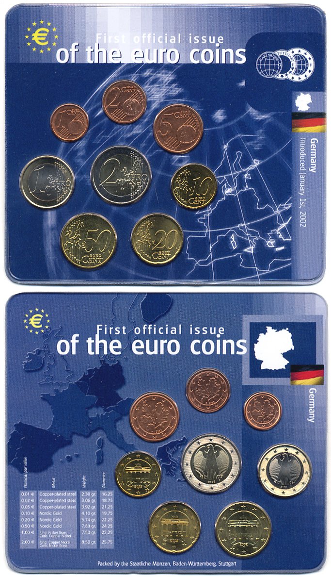 ФРГ евронабор из 8 монет 2002 1, 2, 5, 10, 20, 50 евроцентов, 1, 2 евро биметалл UNC 5-4-1-86