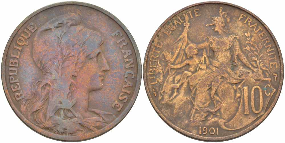 ФРАНЦИЯ 10 САНТИМОВ 1901 ТИП ДАНИЭЛЬ ДЮПЮИ KM 843, LA FRANC 136.11 бронза 109-142