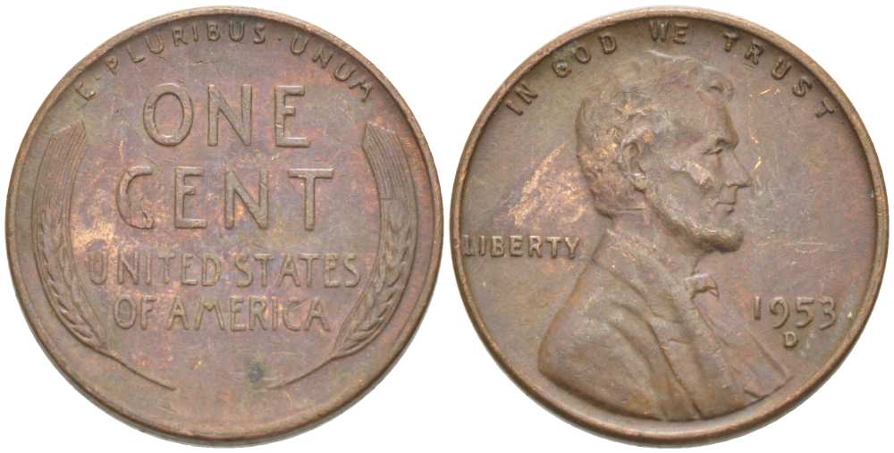 США 1 ЦЕНТ 1953 D, ЛИНКОЛЬН KM А132 медь цинк 218-629