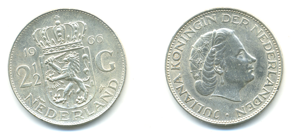 Нидерланды 2 1/2 гульдена 1966 Юлиана (1948-1980) KM 185 серебро 83-634