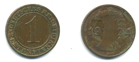 Германия 1 рентенпфенниг 1924 F KM 30, J. 306 бронза 35-113