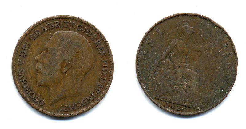 Великобритания 1 пенни 1920 Георг V (1910-1936) КМ 810, Spink 4051 бронза 47-445