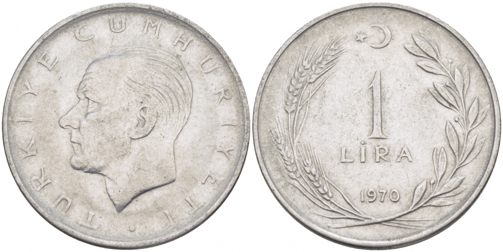 Турция 1 лира 1970 Мустафа Кемаль Ататюрк KM 889а.2 нержавеющая сталь 212-1232