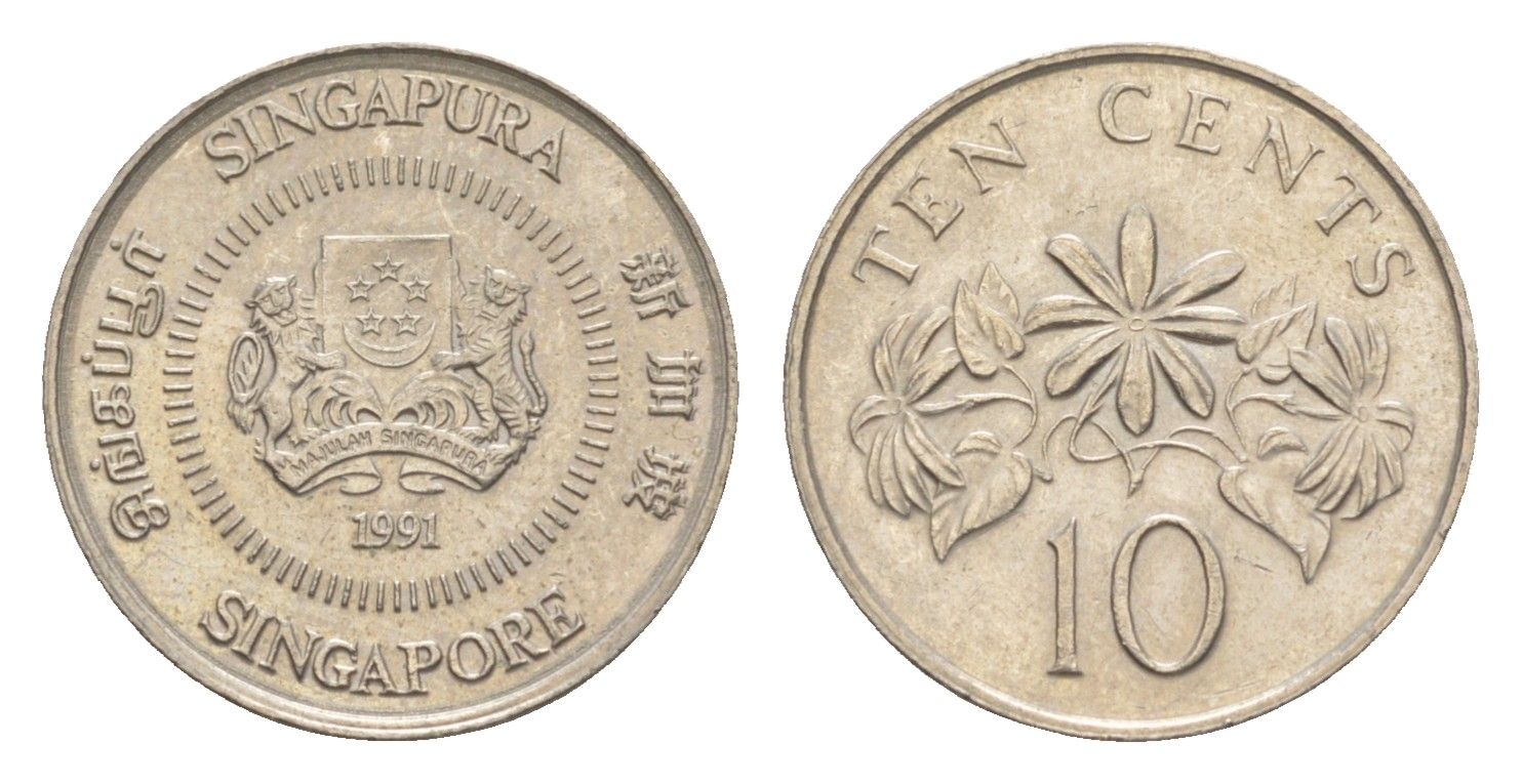 Сингапур 10 центов 1991 KM 51 медно-никель 4640-524